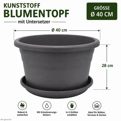Produktbild von Kunststoff Blumentopf mit Untersetzer – Größe Ø 40cm - Farbe Anthrazit