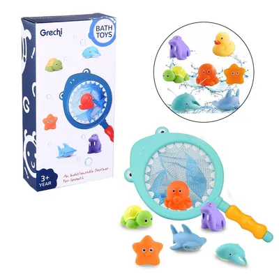 Produktbild von Badespielzeug-Set mit schwimmenden Tierfiguren, Angel- und Spritzfunktion sowie Fischernetz,für Babys, Kleinkinder und Kinder in Badewanne oder Pool