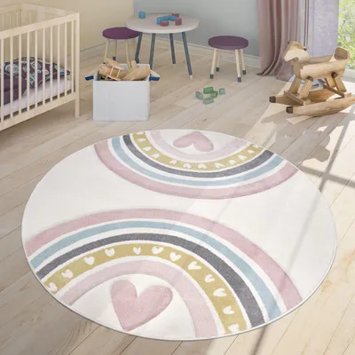 Produktbild von TT Home Kinderzimmerteppich Junge Mädchen Kinderteppich 3D Optik Herz Regenbogen Größe 200 cm Rund