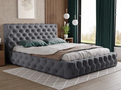 Produktbild von Polsterbett 180x200 cm Glory - Glamour Chesterfield Stil - Doppelbett mit Bettkasten, Kopfteil & Lattenrost - Schlafzimmerbett Samtstoff (Dunkelgrau - Paros 06)