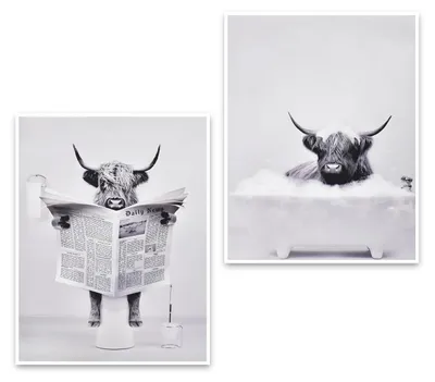 Leinwandbild Highland Cow, schwarz-weiß, 21x30 cm, ungerahmt, 2 Stück