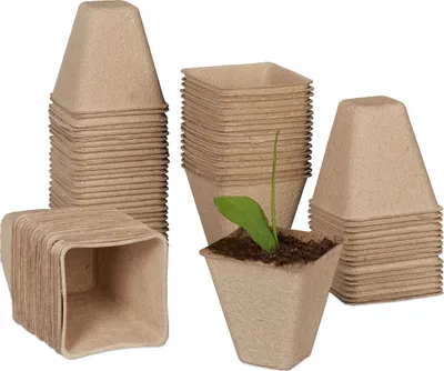 Image de Lot de 80 pots de semis Relaxdays, biodégradables, carrés, pots en papier, dimensions : 8 x 8 x 8 cm, pots à semis, couleur naturelle