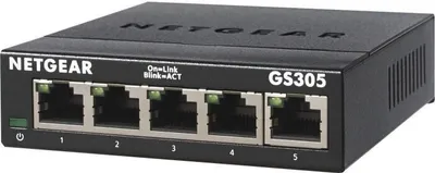 Produktbild von Netgear GS305 Gigabit Ethernet Switch, 5 Ports, Metall, 10/100/1000, Plug & Play, Desktop/Wandmontage, Geräuschlos