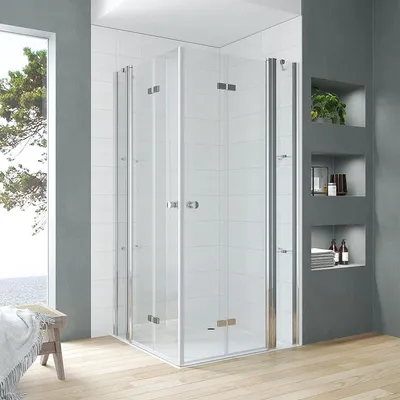 Produktbild von Duschkabine 90x100cm Eckeinstieg aus stabilem ESG Sicherheitsglas Falttür Duschwand Dusche Duschabtrennung Eckdusche Doppeltüren an Festteilen mit Eckablage Höhe 187cm rahmenlos