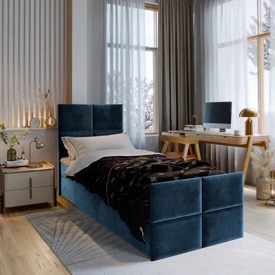 A bedroom scene with a bed, desk, and window.