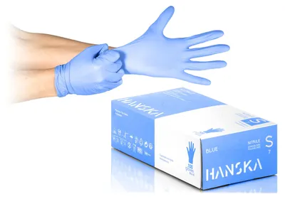 Zdjęcie produktu dla Rękawice nitrylowe Hanska 100, niebieskie, jednorazowe, bezpudrowe, uniwersalne (nadają się do użytku na obie ręce)