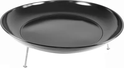 A black fire bowl with three silver legs, shown from a diagonal angle on a white background.