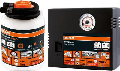 A product shot of an OSRAM tire sealant and inflator kit.