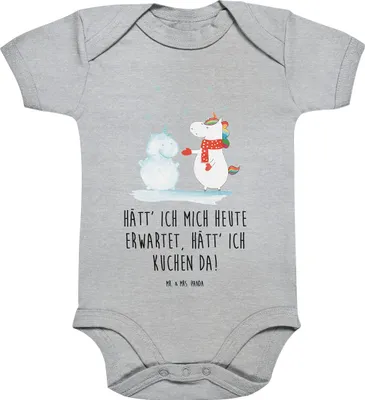 Produktbild von Mr. & Mrs. Panda Strampler Baby Einhorn Schneemann 3. - 6. Monat - Heather Grey - Geschenk, Weihnachten, babykleidung body, Babystrampler, Mütze, Kuchen, overall, Unicorn