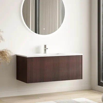 Produktbild von LOMAZOO Waschtisch SOVINA 100 cm - Nussbaum Rillenfront - Waschbecken Weiß
