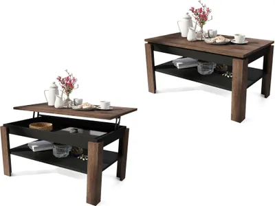 Two views of a coffee table, one with the top lifted to reveal storage.