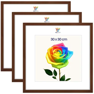 Produktbild von MG Design 3er Set Bilderrahmen 30 x 30 cm - Posterrahmen mit Braun Echtholzrahmen und bruchsicherem Acrylglas, Hoch & Quer mit stabiler Wandaufhängung
