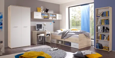Produktbild von Jugendzimmer Nanu 5-teilig Komplett Set in Eiche San Remo und Weiß - Jugendzimmer Kinderzimmer Möbel Teenagerzimm
