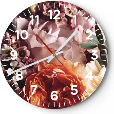 Produktbild von Wanduhr - Rund - Glasuhr - Blumen Getreide Rosen - 30x30cm - Schleichendes Uhrwerk - Lautlos - zum Aufhängen bereit - Dekoration Modern - Wanddekoration aus Glas - C4AR30x30-4692