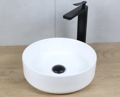 Produktbild von Keramik Waschbecken rund Ø 355 x 120 weiß ohne Überlauf Aufsatzwaschbecken mit Pop-Up Ablauf schwarz-matt