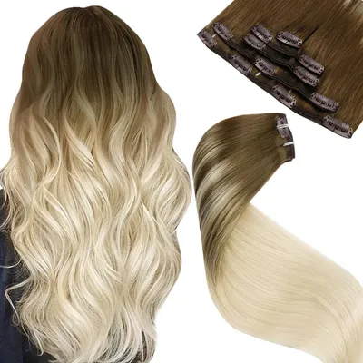 Immagine prodotto di Extension per capelli con clip, capelli naturali, effetto ombre sfumato, colore marrone balayage, biondo chiaro, capelli Remy, 80 grammi, confezione da 5 pezzi, lunghezza 30 cm