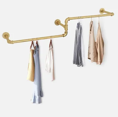 Produktbild von Industrielle Kleiderstange - Wandmontierter Rohr-Kleiderständer - 180×25×19 cm - Eisen, robust - Für Kleidung - Schwarz