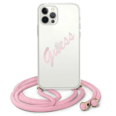 Zdjęcie produktu dla Guess Apple IPhone 12 / 12Pro (6.1") etui ochronne na telefon z łańcuszkiem - przezroczyste/różowe