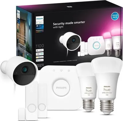Productafbeelding van Philips Startpakket Secure met camera, Slimme verlichtingsset, Bluetooth/Zigbee, Wit, E27, A60, Dimbaar
