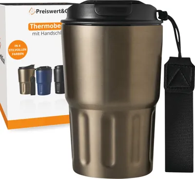 Produktbild von Premium Isolierbecher 8 warm und 12 kühl Stunden 400ml doppelwandig - Komfort-Schraubverschluss integrierter Trinköffnung - Thermobecher mit Handschlaufe aus recyceltem Kunststoff rotguss