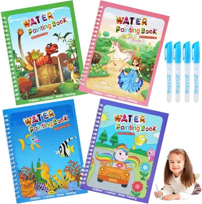 Image de Livre de coloriage à l'eau, lot de 4, réutilisable, livre de coloriage magique pour enfants, livres de coloriage à l'eau avec stylo à eau, pour dessiner, jouet éducatif