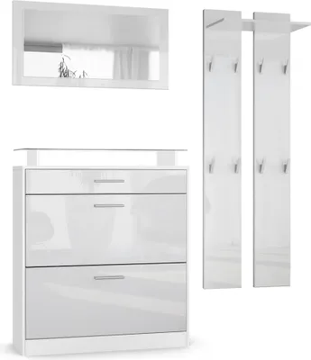 Produktbild von Vladon Garderobe Loret mini, Garderobenset bestehend aus 1 Schuhschrank, 1 Wandspiegel und 2 Garderobenpaneele, Weiß matt/Weiß Hochglanz
