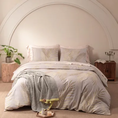Produktbild von Bettwäsche-Set 220x240 cm Beige Gold Blätter Muster Wendebettwäsche Microfaser mit 2 Kissenbezügen 80x80 cm