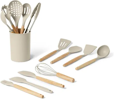 Productafbeelding van Keukengerei set 14-delig - Siliconen kookgerei met houten handvat - Met houder - Hittebestendig tot 230°C - Linnengrijs