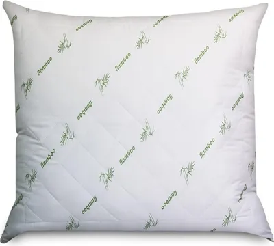 A white pillow with a repeating pattern of bamboo stalks and the word "Bamboo" printed in green.