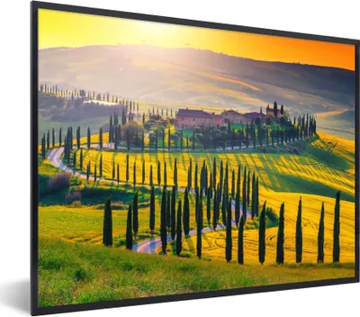 Produktbild von MuchoWow® Gerahmtes Poster Gras - Sonne - Hügel - Landschaft 80x60 cm - Poster mit Schwarzem Bilderrahmen Wandposter Rahmen Foto Bilder - Schwarzem - Mit Gestell