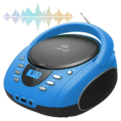 A blue portable CD player boombox with a digital display and an antenna.