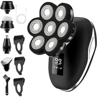 Produktbild von 5-in-1 Elektrischer Glatzen Rasierer, Herrenrasierer Face & Body, Trimmer & Bodygroomer mit 5 Köpfen, Doppelklingen, für Nass- und Trockenrasur USB