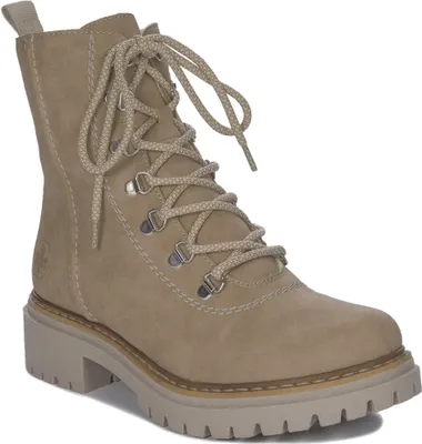 A single beige lace-up boot is shown against a white background.