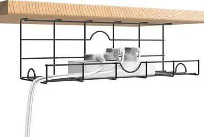 Produktbild von Unyqoos® Kabelmanagement: Untertisch-Kabelkorb aus pulverbeschichtetem Stahl – Kabelwanne für Steckdosen & Kabel, schwarz, belastbar bis 10 kg
