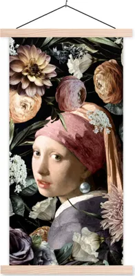 Produktbild von MuchoWow® Textilposter Mädchen mit Perlenohrring - Blumen - Vermeer - Pastell - Kunstwerk - Gemälde - Alte Meister 40x80 cm mit holzfarbenen Rahmen - Wohnzimmer