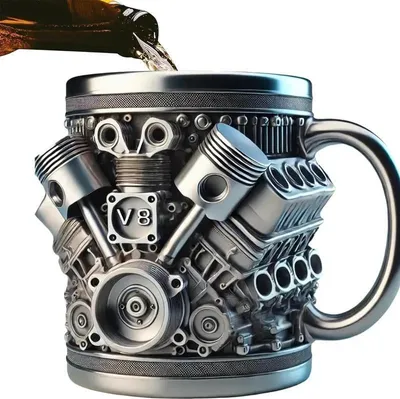 Produktbild von Personalisierter Edelstahlbecher - V8-Motor-Design, 295 ml, handgefertigt, robust und stilvoll, perfekt für Auto-Fans, als Kaffeetasse, Geburtstagsgeschenk oder Weihnachtsgeschenk
