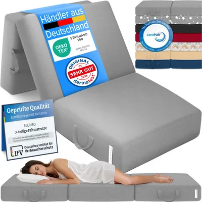 Produktbild von ELONEO Klappmatratze, Gästematratze, 3-teilige Faltmatratze, Schaumstoff extra dick(15cm),  Bandscheibenwürfel, klappbar, faltbare Matratze, (Grau)
