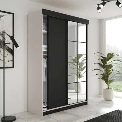 Produktbild von FurMeb24 2-türiger Schiebetürenschrank LAMER 138x205 cm Kleiderschrank mit Spiegel (Kaschmir + Schwarz)