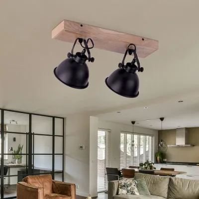 Zdjęcie produktu dla Lampa ścienna/sufitowa, czarna, drewno, ruchome reflektory, L 44 cm