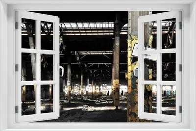 Produktbild von Wallario Poster mit Fenster-Illusion: Verlassene alte Fabrik-Halle mit leuchtenden Sonnenstrahlen, Größe: 61 x 91,5 cm (Maxiposter)