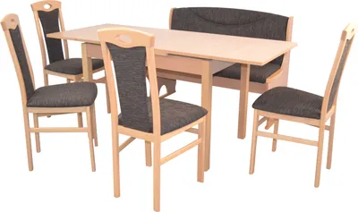 A dining set with a table, bench, and chairs.