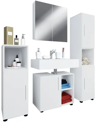 Immagine prodotto di Set mobili da bagno 4 parti | Mobili da bagno | Gabinetto basso, Gabinetto Armadio per midi, Armadio alto e specchio | Mobili da bagno – Flandu III