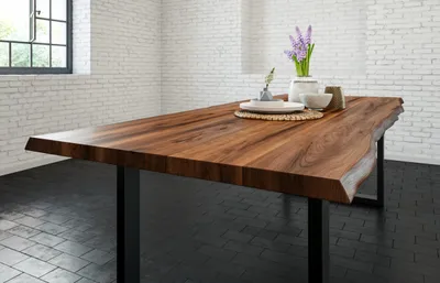 Produktbild von Refurbished Möbelretoure Esstisch Baumkante massiv Akazie nussbaum 220 x 100 cm U-Gestell schwarz LIAM