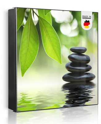 Produktbild von banjado Schlüsselkasten aus Metall, 30x30cm groß mit 32 Haken, als Magnettafel nutzbar, Korpus schwarz, Anschlag links, Steine&Relax [SKG2 10025]