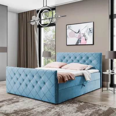 Produktbild von Boxspringbett MONAKO-160x200cm Bettkästen|Topper|Doppelbett|Polsterbett|Gepolstertes Kopfteil und Fussteil mit einer eleganten Steppung verziert-Hellblau