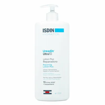 A white pump bottle of Isdin Ureadin Ultra10 Lotion Plus.