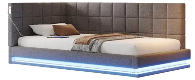 Obrázek produktu pro Postel s čalouněnou částečně čalouněnou konstrukcí, rozměry 90x200 cm, šedá barva, potah z lněného materiálu, s LED osvětlením a USB zásuvkou, včetně roštu, ideální do ložnice