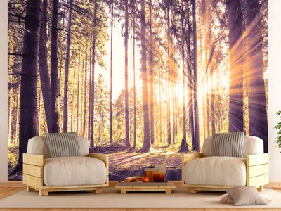 Produktbild von Vlies Fototapete Wald 3D Landschaft Natur Grün Bäume Sonnenuntergang 400x280 cm – Moderne Vliestapete, Tapete für Wohnzimmer, Flur c-B-0098-a-d