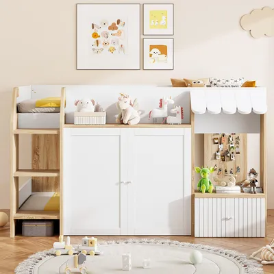 A children's loft bed with storage and a playhouse-like facade, decorated with toys and artwork.
