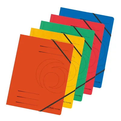 A stack of five colorful file folders with elastic closures.